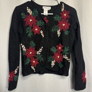 Coldwater Creek Cardigan Sweater 100% Wool Rabit Hair Floral Embroidery Size XS